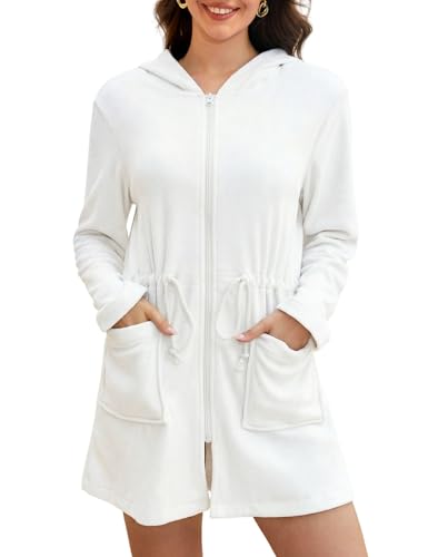 Gihuo Womens Terry Cloth Cover Up Long Sleeve Swimsuit Coverup Hooded Beach Robes(White-L)
