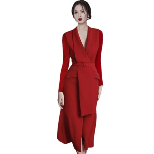Adhdyuud Women Notched Collar Party Bodycon Dress Slim Fit Long Sleeve Office OL Belt Midi Dresses