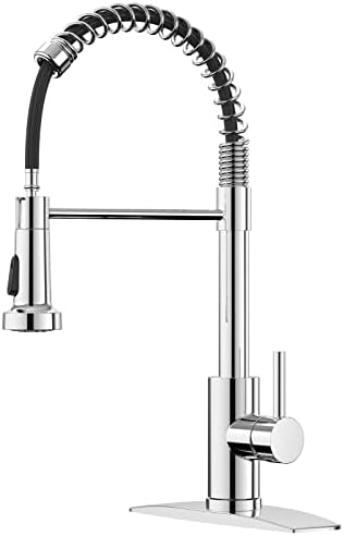 FORIOUS Kitchen Faucet with Pull Down Sprayer, Commercial Spring Kitchen Sink Faucet with Pull Out Sprayer, Single Handle Kitchen Faucets with Deck Plate, Chrome
