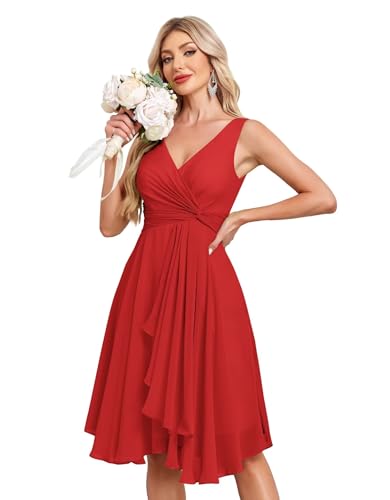 Image of Women's V Neck Short Bridesmaid Dresses 2025 Ruched Waist A Line Chiffon Formal Cocktail Party Dress