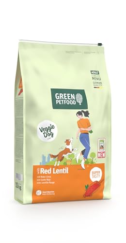 Green Petfood VeggieDog con lente rossa (1 x 10 kg), per adulti, cibo secco di alta qualità per cani adulti, 100% vegetariano, senza frumento, particolarmente compatibile con gusci di semi di psillio
