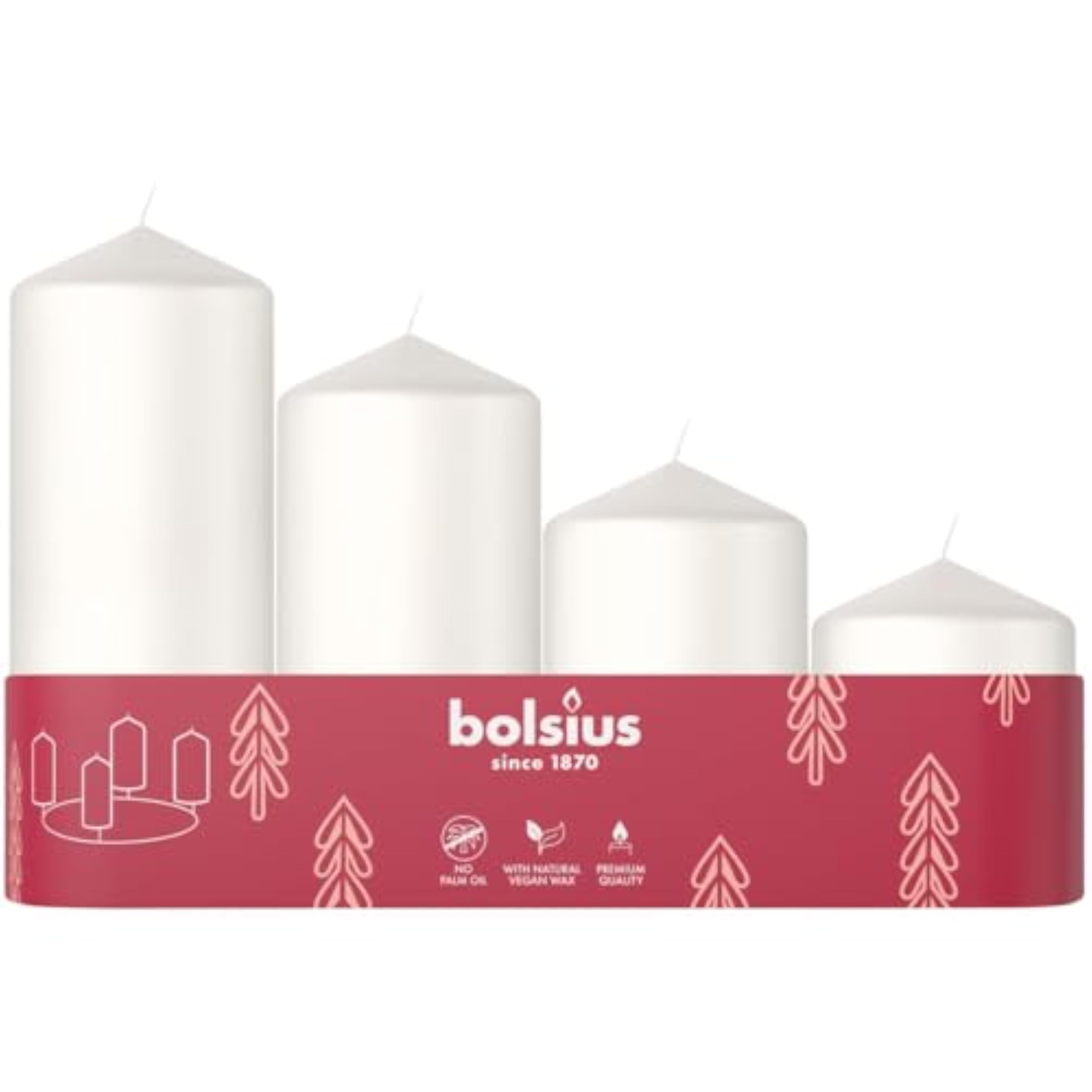 Bolsius - Velas de Pilar Lisas - Juego de 4 - Blanco - Varios Tamaños 12-10-8-6 cm - Ø48mm - Velas Decorativas - Largo Tiempo de Combustión - Sin Perfume - Con Cera Vegetal Natural