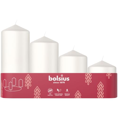 Bolsius 4 Candele a Pilastro Lisce - per il periodo dell'Avvento - Bianco - Diverse Dimensioni 12-10-8-6 cm - Ø48mm - Candele Decorative - Lunga Durata - Non Profumate - Con Cera Vegetale Naturale