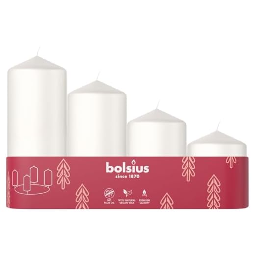 Bolsius - Velas de Pilar Lisas - Juego de 4 - Blanco - Varios Tamaños 12-10-8-6 cm - Ø48mm - Velas Decorativas - Largo Tiempo de Combustión - Sin Perfume - Con Cera Vegetal Natural