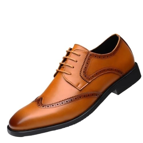 Mens Business Leather Flat Head Oxfords Lace Up Low Heels Carved Classic Dress Shoes for Casual Office Work Fashion