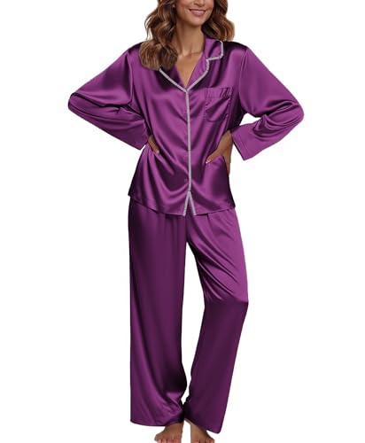 Image of Ekouaer Pajamas For Women Set Silk Pjs 2 Piece Satin Sleepwear Long Sleeve Button Down Lounge Sets With Pant