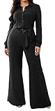 Women Elegant Jumpsuits Business V Neck Black Long Sleeve Casual Stand Collar Button Down Straight Long Pants Business Rompers With Pockets