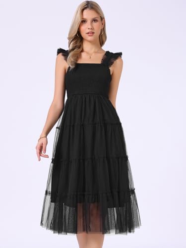 Image of Allegra K Women's Summer Midi Tulle Dress Sleeveless Smocked Square Neck Tiered Ruffled Wedding Guest Dress