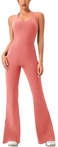 SEAUR Enterizo de mujer con cuello halter y espalda abierta, elástico en 4 direcciones, sin costuras, pierna acampanada, para baile, gimnasio, entrenamientos, correr, sesiones, pilates, clases