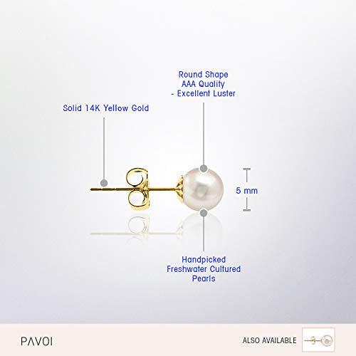 PAVOI Handpicked AAA+ 14K Yellow Gold Round White Freshwater Cultured Pearl Earrings | Pearl Earrings for Women - 5mm - Thumbnail 4