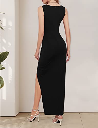 Sarin Mathews Womens V Neck Long Formal Dresses Sexy Summer Sleeveless Bodycon Ruched Wrap Split Wedding Cocktail Dress Black M #TOP2