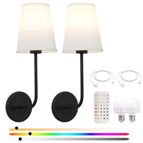Image of Pathson Battery Operated Fabric Wall Sconce Light Set of 2, Rechargeable Dimmable Wall Vanity Lights White Fabric Lampshade, Remote Control Wireless Wall Lamp for Bedroom Living Room, Bulb Included
