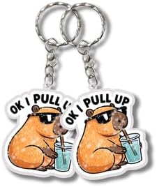 Capybara Keychain 2 Pcs Funny Acrylic Key Ring, OK I PULL UP