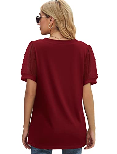 Image of Aokosor Womens Summer Tops V Neck T Shirts Swiss Dot Puff Sleeve Tops Loose Casual Tshirts