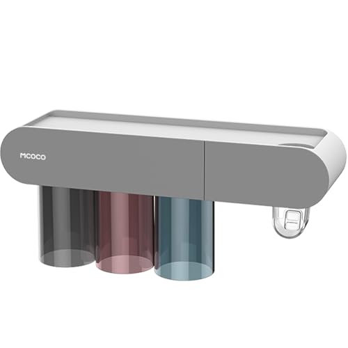 JUNENTER バスルーム用歯ブラシホルダー 壁掛け式マグネット歯ブラシホルダー 大容量トレイと引き出し付き 歯ブラシホルダー 2カップ グレー