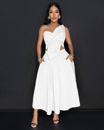 Image of YUEWOO Midi Dresses for Women Casual Summer Sundresses Vacation Outfits Spaghetti Strap Smocked Women Maxi Dress with Pockets