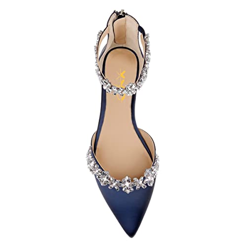 Image of XYD Women Classic Pointed Toe D'Orsay Wedding Flat Sandals Sparkly Rhinestones Ankle Strap Low Heel Dress Shoes with Zipper