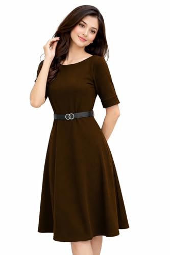 Image of Women's Elegant Midi Dress with Belt | Half Sleeve Fit & Flare Casual Dress | Knee Length Office Party Western Dress for Women