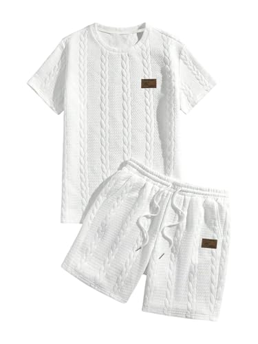 VIPWOLF Men's Casual Shorts Sets Cable Knit Outfits Sleeve