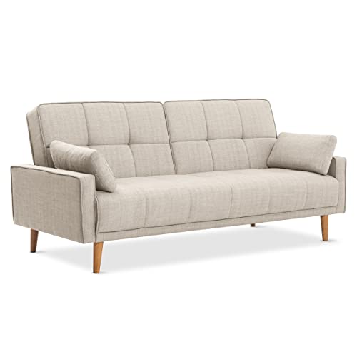 EVERGREENWEB - Divano letto clic clac in tessuto imbottito capitonné - Divano 3 posti con piedi in legn, con schienale reclinabile, materasso una piazza e mezza con 2 cuscini in omaggio (Beige)