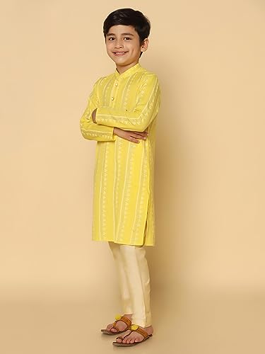 Image of KISAH Kid's Full Sleeves Cotton Blend Knee Length Printed Peach Kurta Elastic Dhoti Set for Men