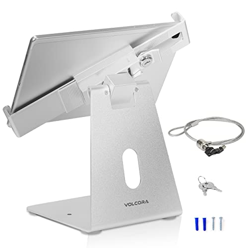 Volcora Tablet Ipad Holder With Anti Theft Lock - Silver 10-13 Inch Tablets Stand Mount, Swivel, Rotating, Secure Clamp For Pos Register, Retail Business, Checkout Kiosk, Display Table And Cashier #TOP20