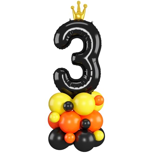 Image of Black Number 3 Balloon 40 Inch Construction Number Three Foil Balloons Tower with Excavator Digger Truck for Boys Third 3rd Birthday Party Decorations Giant Large Digital Aluminum Balloons Stack