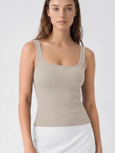 Image of ODODOS 3-Pack Seamless Square Neck Crop Tank for Women Ribbed Knit Soft Low Back Cropped Tops