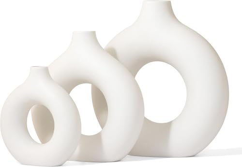 Image of Amazon Basics Hand Crafted Ceramic Donut Shaped Vase with Pampas Grass | for Unique Home Decor (Pack of 3), White