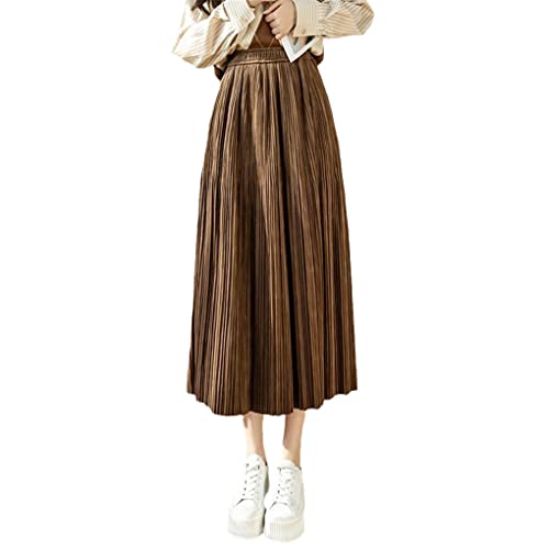 Jupe plissée femme taille haute élastique coupe trapèze couleur unie café taille 48