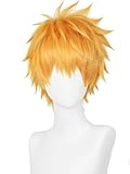 Half and Half Short Orange Anime Cosplay Wig with Bangs Men's Yellow Orange Spiky Layered Costume Wigs for Unisex Male Halloween Party