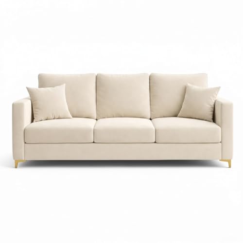 Image of Hayes Three Seater Sofa | Rich Velvet Suede Fabric | Spacious Soft Touch Comfort Seating | Modern Sofa for Living Room (Cream)