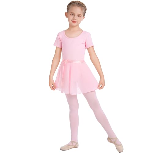 Girls Short Sleeve Ballet Dance Leotard with Chiffon Ballet Wrap Skirt Tights Ballerina Outfits for Toddler Girls Kids Princess Gymnastics Dancewear Costume 4PCS Ballet Tutu Dress Set Pink 4-5 Years