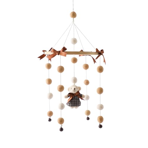 Kitten Coaxing Sleep Theme Wooden Bead Baby Crib Bell, Nursery Bedroom Beaded Baby Pendant, Mobile Crib Bell with Bell, Newborn Boy and Girl Photo Props (Bear)