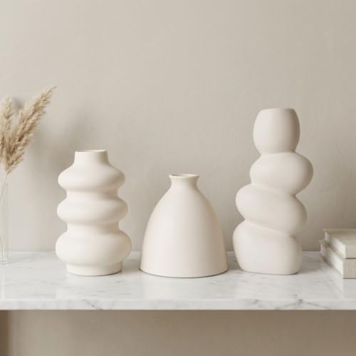 Image of Ceramic Vase Set of 3 | Nordic Minimalist Bubble & Bottle Design Decorative Flower Vases | Matte White Home Decor for Living Room, Table, Shelf, Office | Pampas & Dried Flower Vase