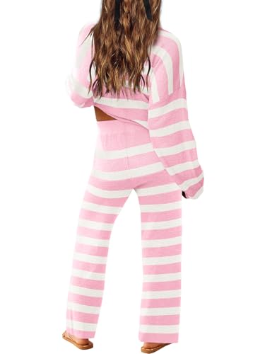 Image of LAMISSCHE Oversized Womens Lounge Set Striped Sweater Set Long Sleeve 2 Piece Pajama Set Top and Pants with Pockets