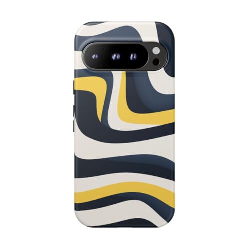 Coque Pixel 9 Pro lignes ondulées bleu marine et jaune rigide mate