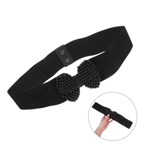 LOGOFUN Stretch Waistband with Pearl Bowknot Elegant Style Elastic Belt Costume Accessories for Women Fashion Dress Supplies - Black 103cm3