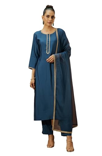 Image of Janasya Women's Chanderi Silk Yoke Design Straight Kurta Set