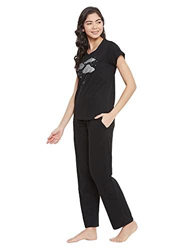 Image of Clovia Women's Cotton Printed Top & Solid Pyjama Set - Black