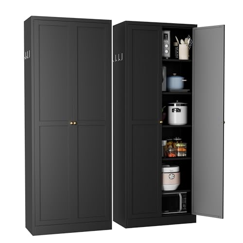 Image of 72 inch H Black Steel Pantry Storage Cabinet with 5 Adjustable Shelves, 6-Tier Tall Metal Cabinets for Kitchen, Living Room, Garage, Heavy Duty Freestanding Utility Cabinet, Assembly Require