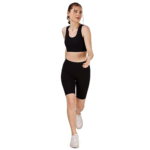 Image of SOIE Women Polyester Blend Sports Shorts High Waist Knee Length with Side Pocket Quick Dry Squat Proof Athleisure Shorts for Workout
