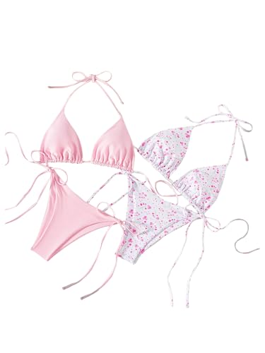 WDIRARA Women's 4 Piece Bikini Set Floral Triangle Halter String
