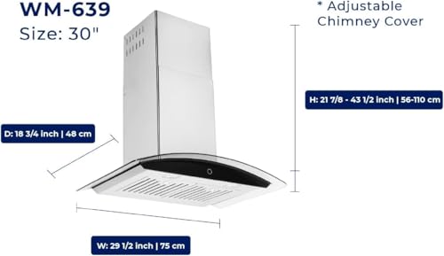 Image of Hauslane Wall Mount Range Hood 30 Inch | Contemporary Stainless Steel & Tempered Glass | Onyx Black Panel, 3-Speed Touch Control, LED Lights, Baffle Filters | Vented or Ductless with Charcoal Filters