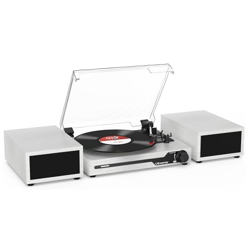 Vinyl Record Player with External Speakers BT 5.3 Wireless Turntable Portable with 3 Speed USB Vintage Wooden White