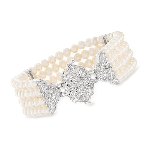 Ross-Simons 4.5-5mm Cultured Pearl and .15 ct. t.w. Diamond Multi-Strand Bracelet in Sterling Silver
