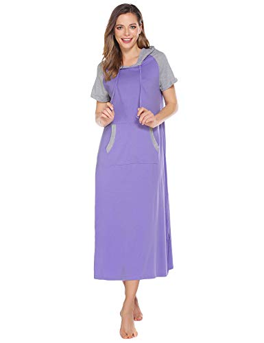 Ekouaer Women Nightgown Short Sleeve Hooded Night Shirt Contrast Color Long Loungewear with Pockets