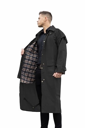 RESISTANCE Unisex Western Oilskin Waterproof Duster Coat, Workwear Black Brown Long Rain Coat With Brass Button And Pockets4
