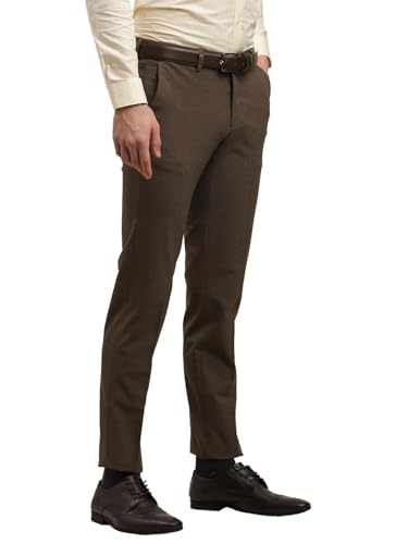 Image of Turtle Men Brown Slim Fit Dobby Flat Front 4 Way Stretch Formal Trouser
