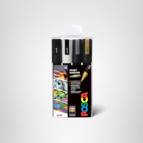 uni POSCA PC-5M Water-Based Paint Markers, Reversible Medium Tip (1.8-2.5mm), Assorted Colors, 4 Pack